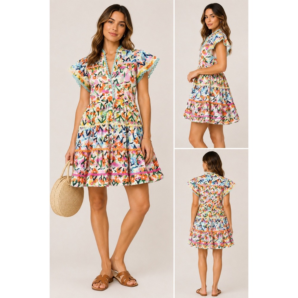 CeliaB Atlantic Abstract Floral Ric Rac Trim Tiered Mini Dress XS